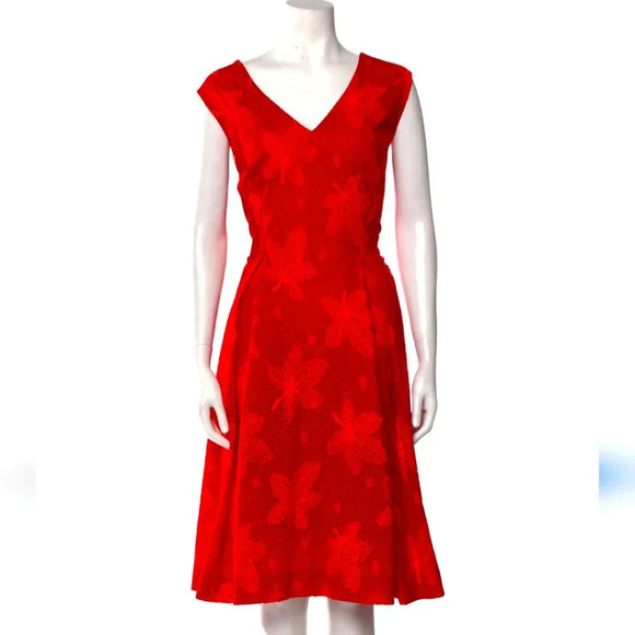 Zac Posen Dresses & Skirts - Zac Posen Red Leaf Floral Print Midi Length Dress
